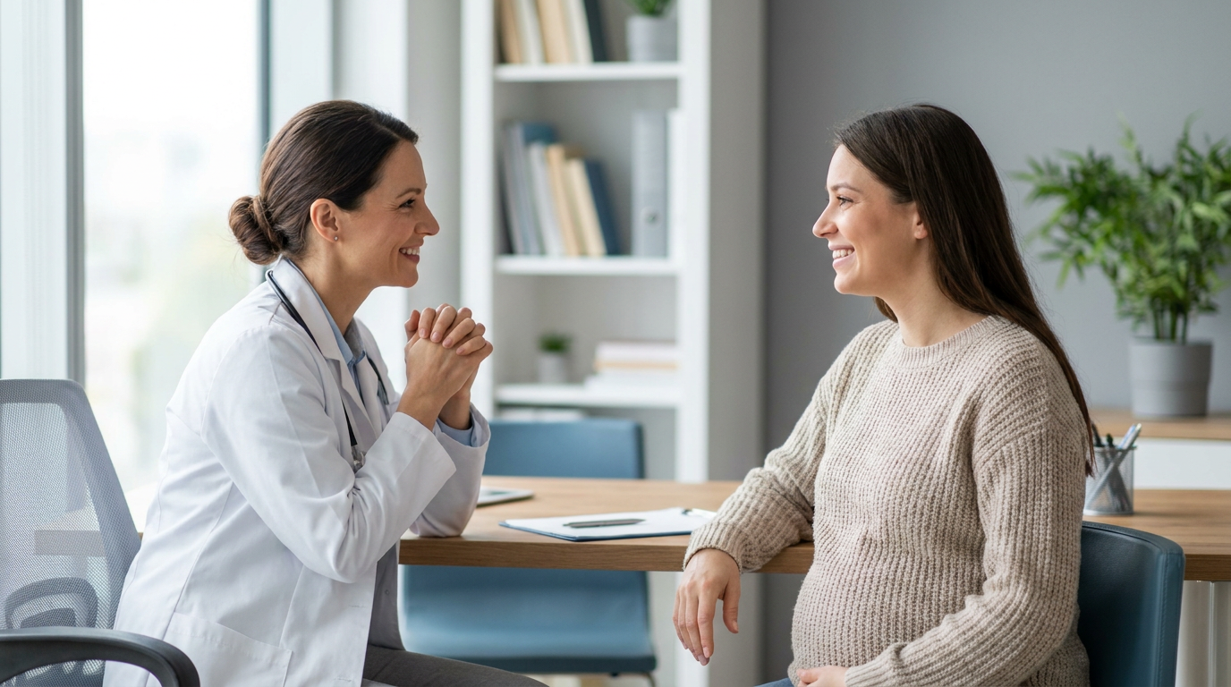 A pregnant woman discussing her health concerns with her doctor · AI-generated illustrative image